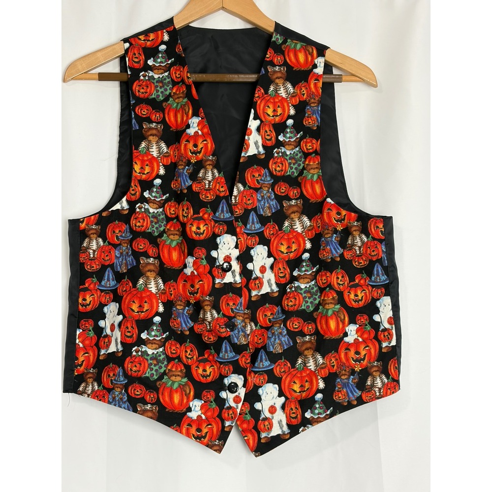Vintage Halloween Vest Jack O Lantern Teddy Bear Ghost Print Black Large